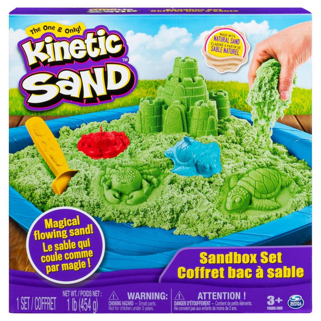 Kinetic Sand, Sandbox Playset with 1lb of Green Kinetic Sand and 3 Molds, for Ages 3 and Up