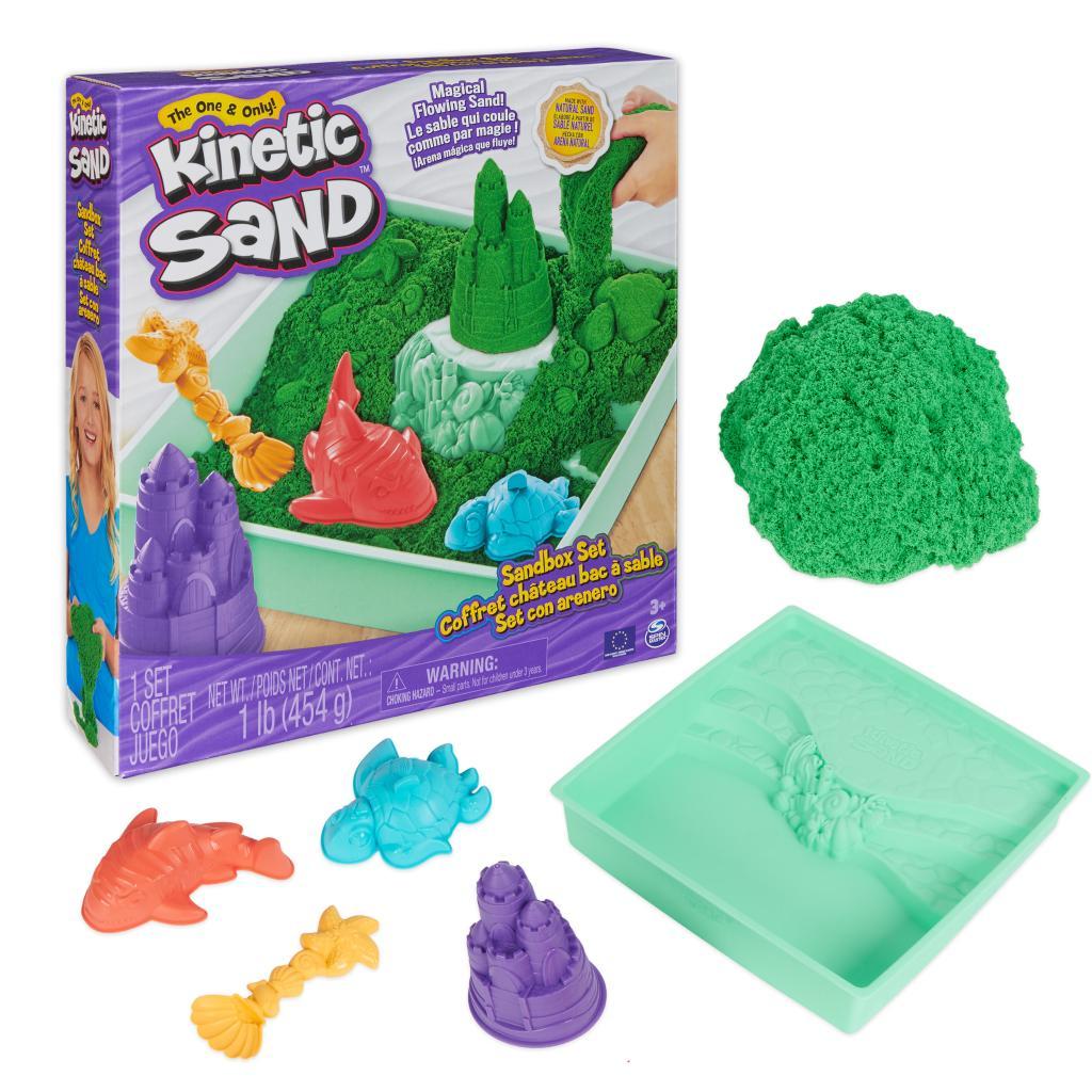 KINETIC SAND - Set Sandbox con Arenero, 454 g de Arena Mágica Verde y 4 Accesorios - Kit Manualidades Niños - 6067479 - Juguetes Niños 3 Años +