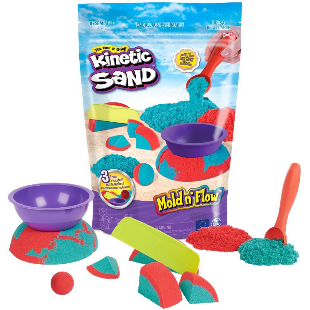 Kinetic Sand Mold n’ Flow, 680g Red and Teal Play Sand, 3 Tools Sensory Toys for Kids Aged 3+