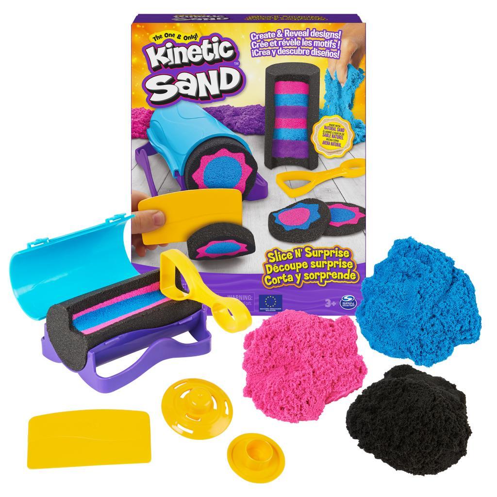KINETIC SAND - ARENA MÁGICA - SLICE N' SURPRISE - 383g de Arena Negra, Rosa y Azul y 7 herramientas - Kit Manualidades Niños - 6063482 - Juguetes Niños 3 Años +