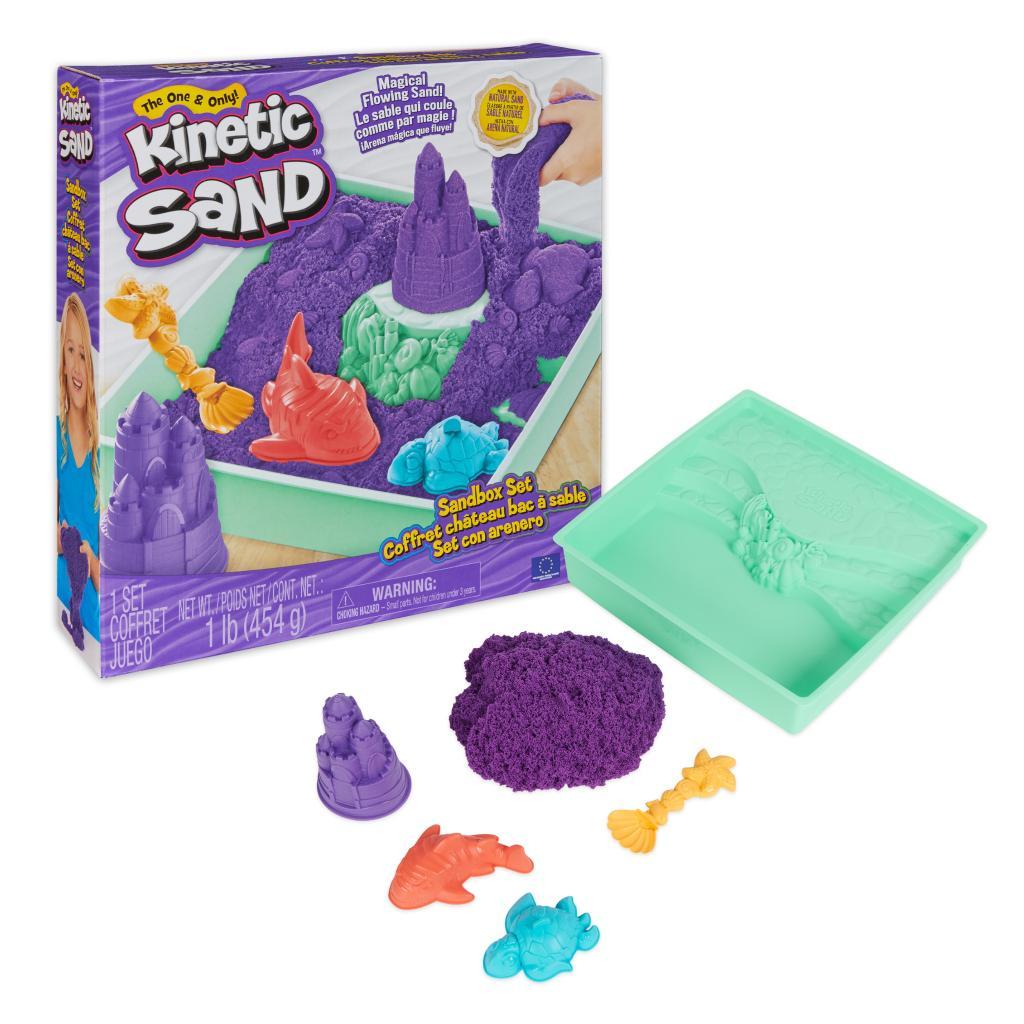 Kinetic Sand Zandbakset, 454 g paars speelzand, opbergzandbak, 4 vormen en gereedschap, zintuiglijk speelgoed